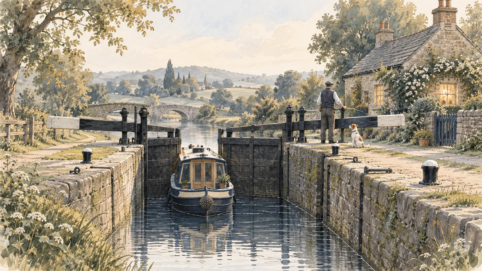 Illustration of a boat waiting inside a canal lock while the keeper checks before opening the next gate.