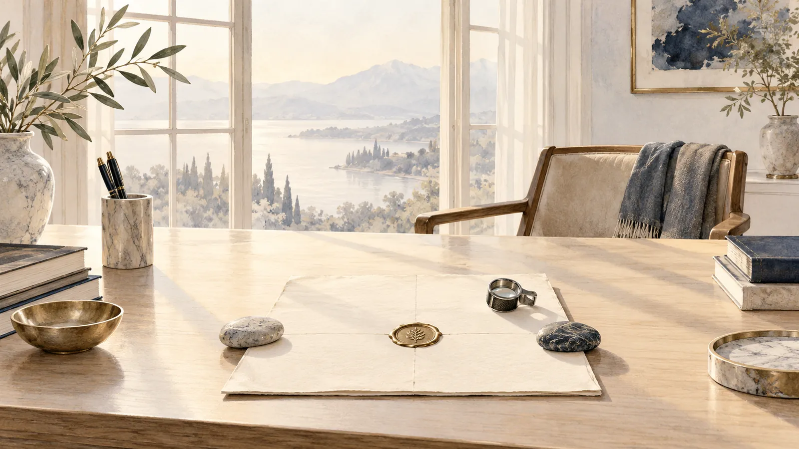 Illustration of a reading desk with one sealed source document, a loupe and room to think.