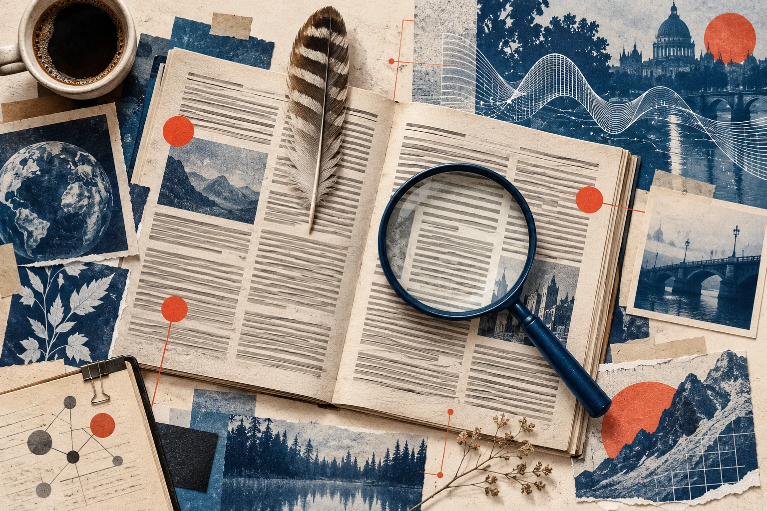 Original paper collage of sources, research and an owl feather