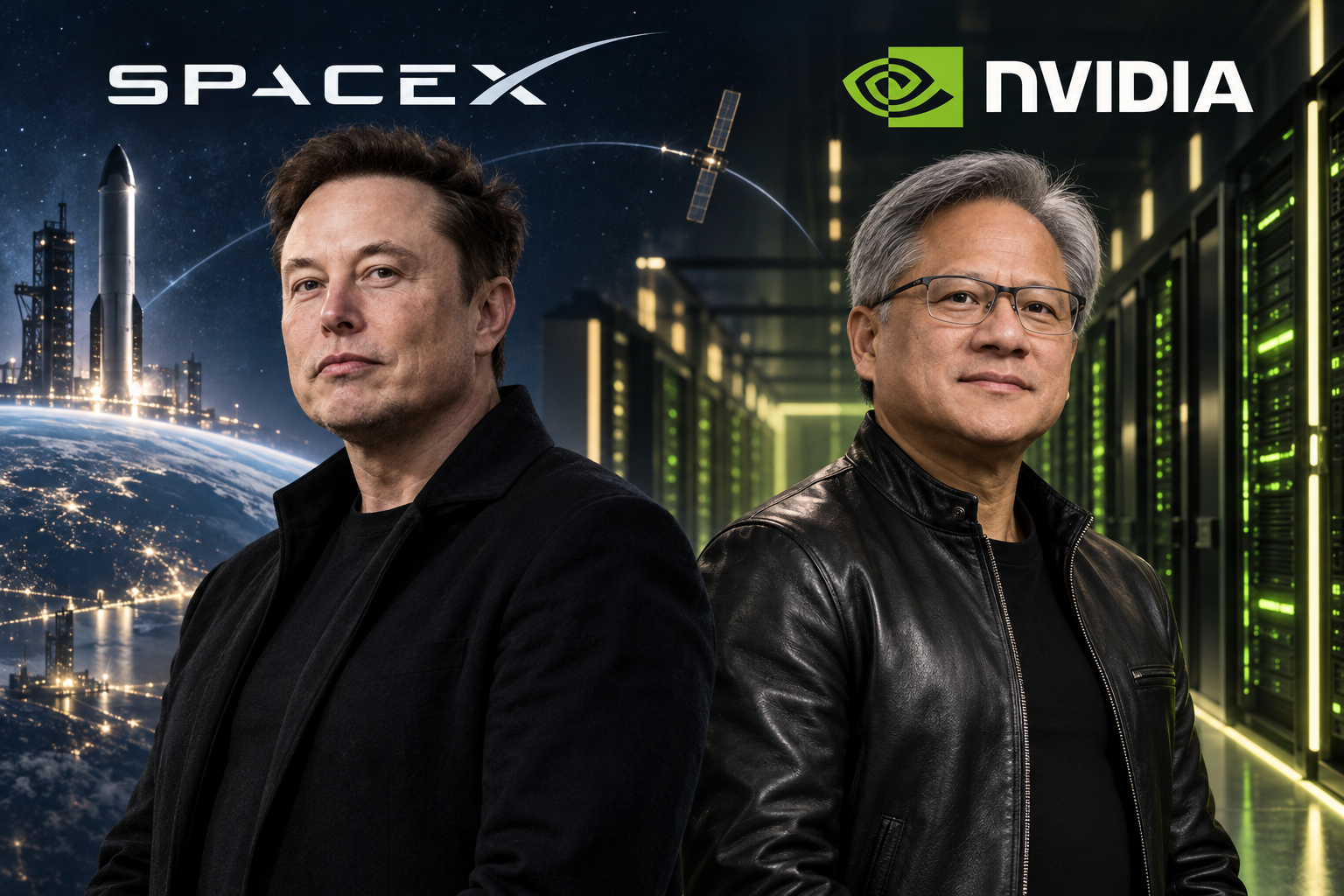 AI-generated editorial portrait montage of Elon Musk and Jensen Huang with SpaceX and NVIDIA branding, rocket infrastructure and server racks.