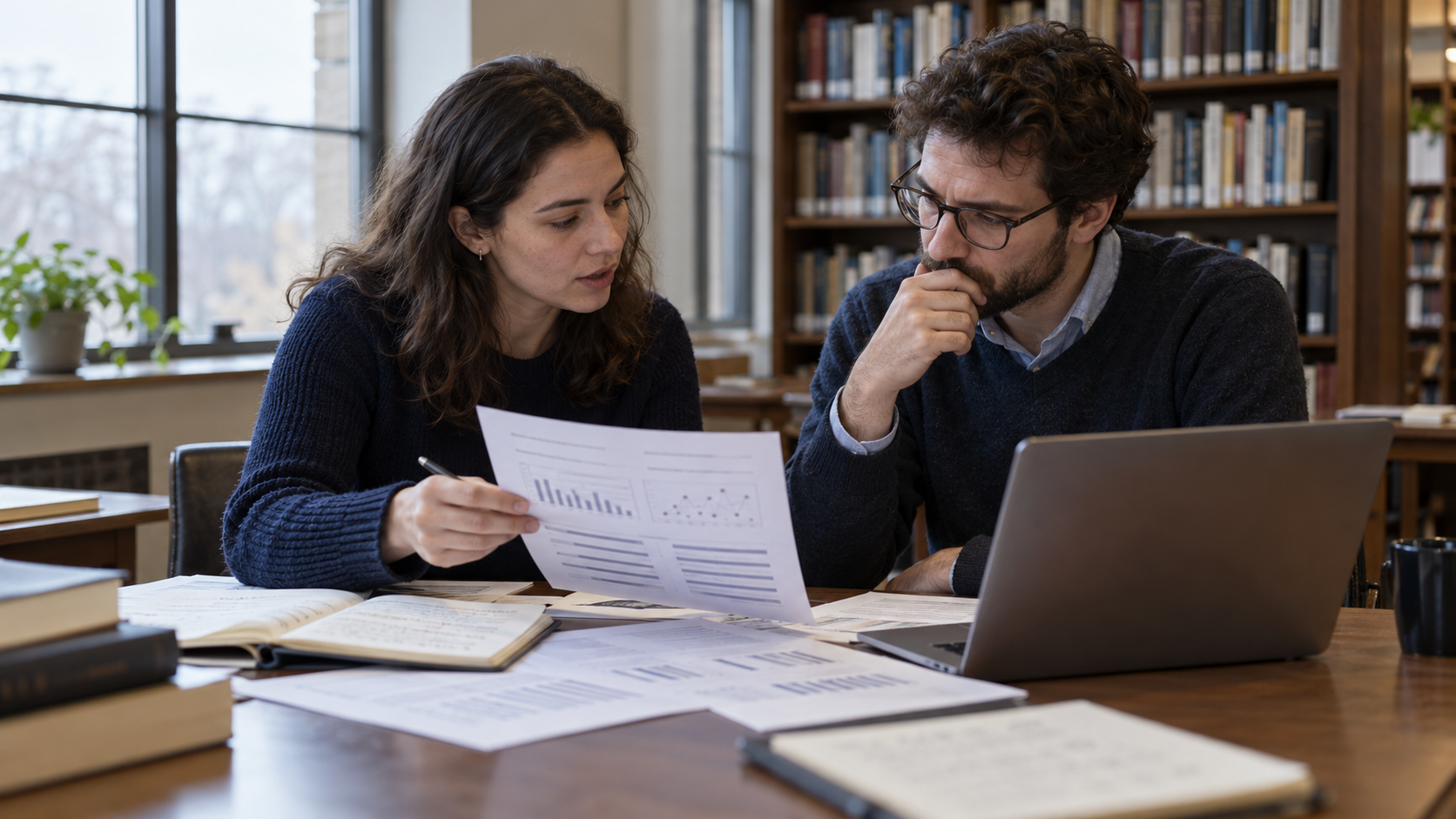 Two researchers compare a printed evaluation beside a laptop.