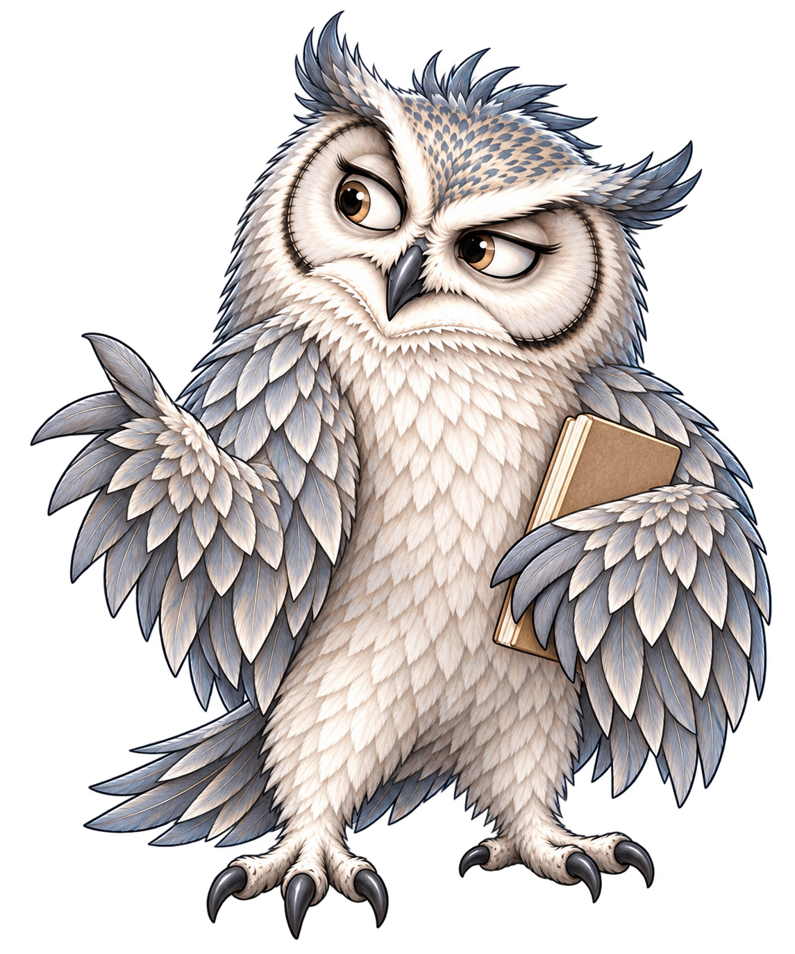 Our male Silver Owl character, with silver feathers, soft blue and light taupe details, pauses over the work.